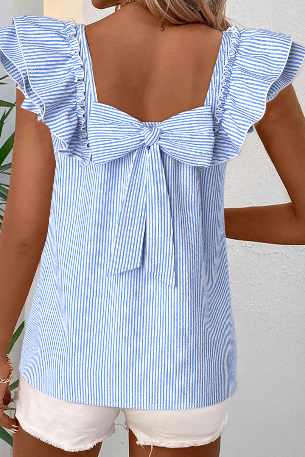 The Sky Blue Stripe Square Neck Bow Blouse