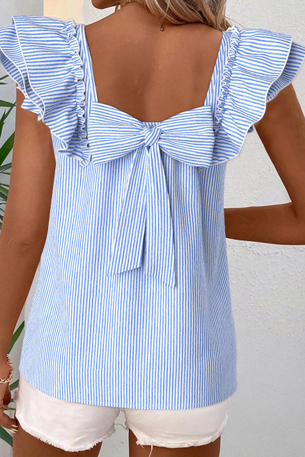 The Sky Blue Stripe Square Neck Bow Blouse