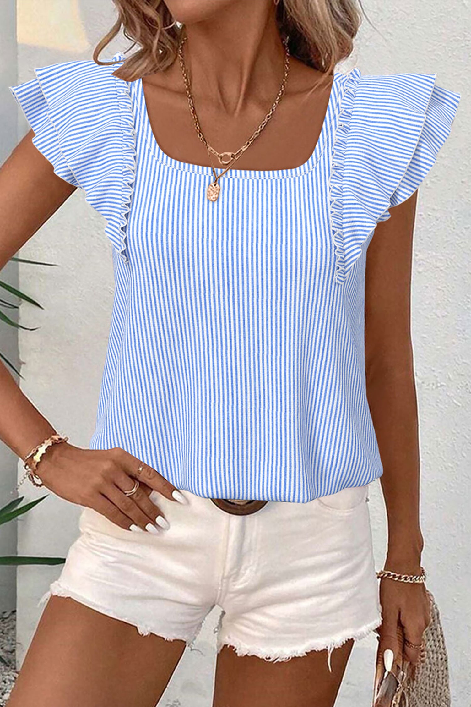 The Sky Blue Stripe Square Neck Bow Blouse