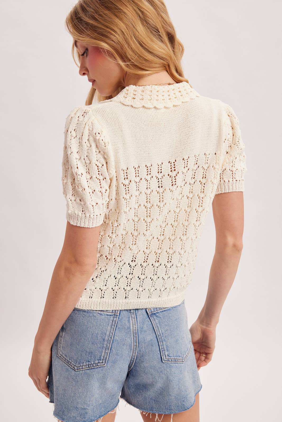 The Pointelle Button-Down Knit Cardigan in Ivory