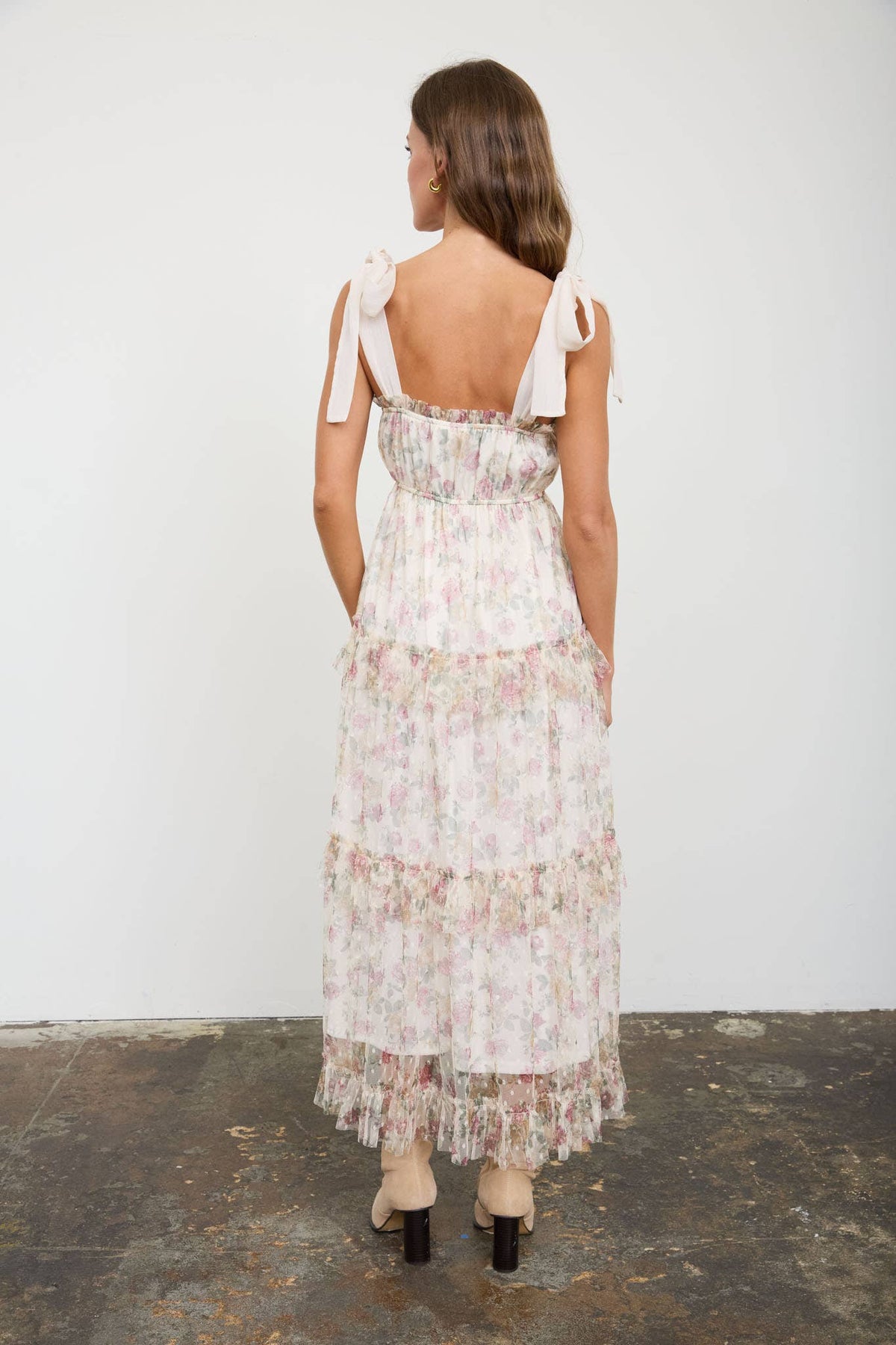 The Floral Chiffon Tie Strap Ruffled Tiered Midi Dress