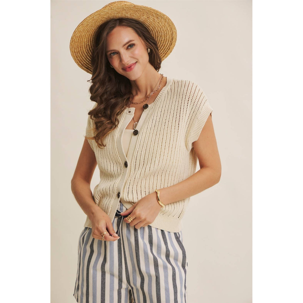 The Breezy Cotton Open Knit Button-Down Sweater Vest