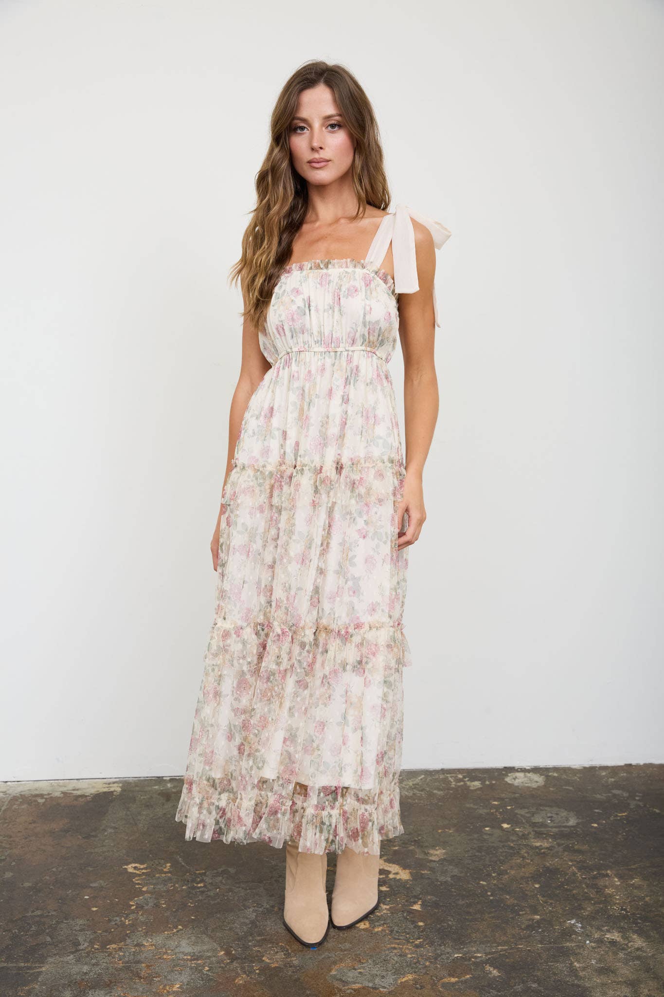 The Floral Chiffon Tie Strap Ruffled Tiered Midi Dress