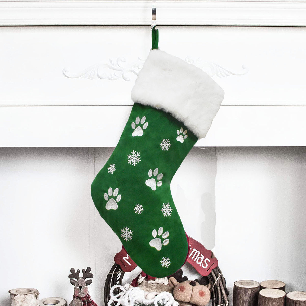 Embroidered Paw Print Christmas Stocking