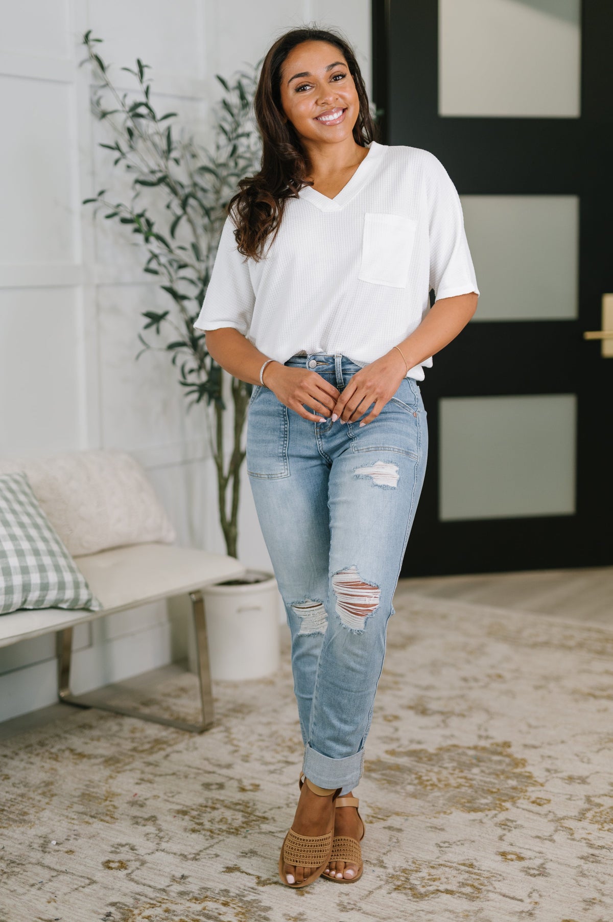 The Aiden High Rise Distressed Patch Pocket Boyfriend Jean