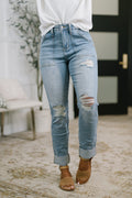 The Aiden High Rise Distressed Patch Pocket Boyfriend Jean