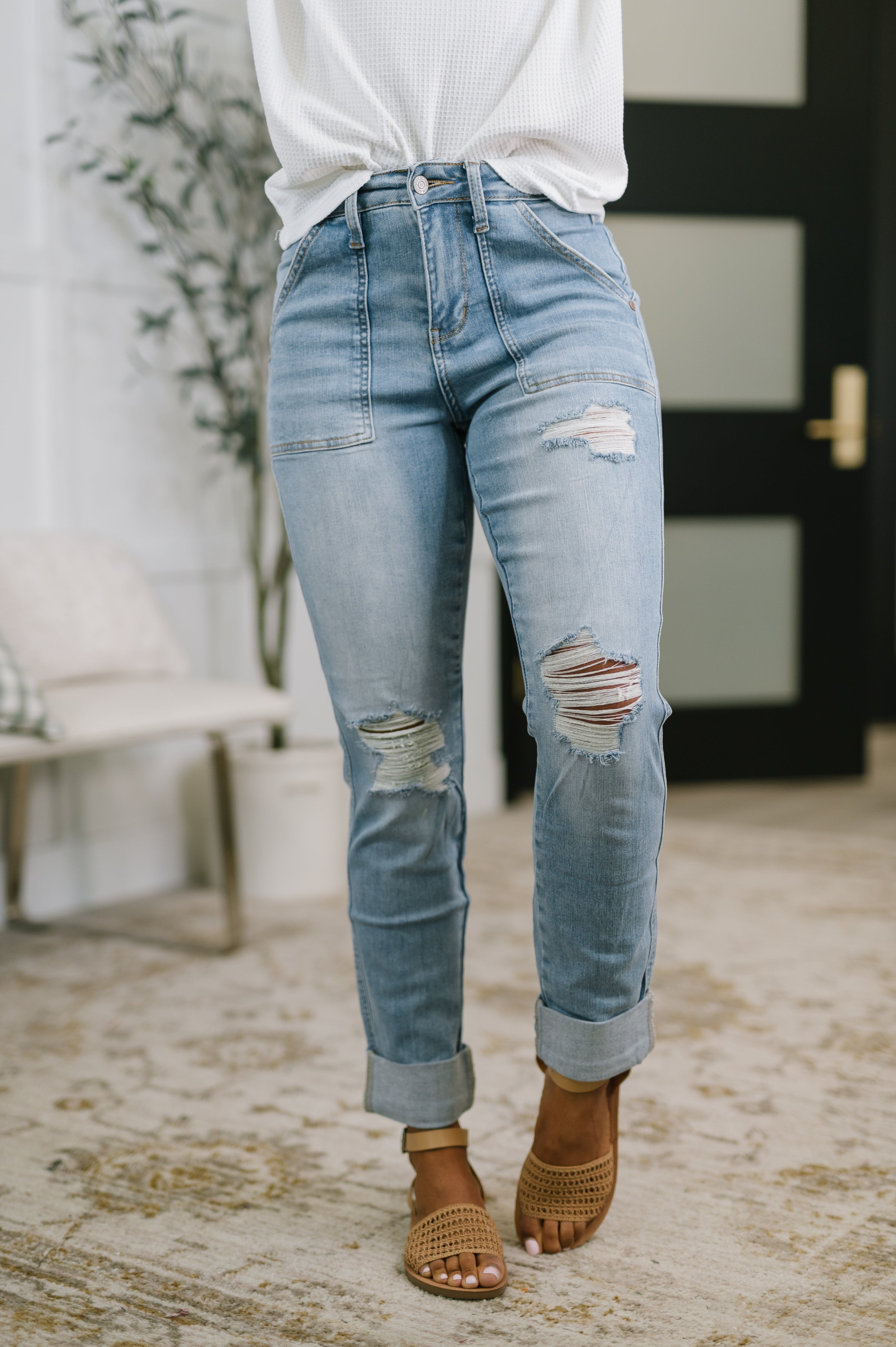 The Aiden High Rise Distressed Patch Pocket Boyfriend Jean