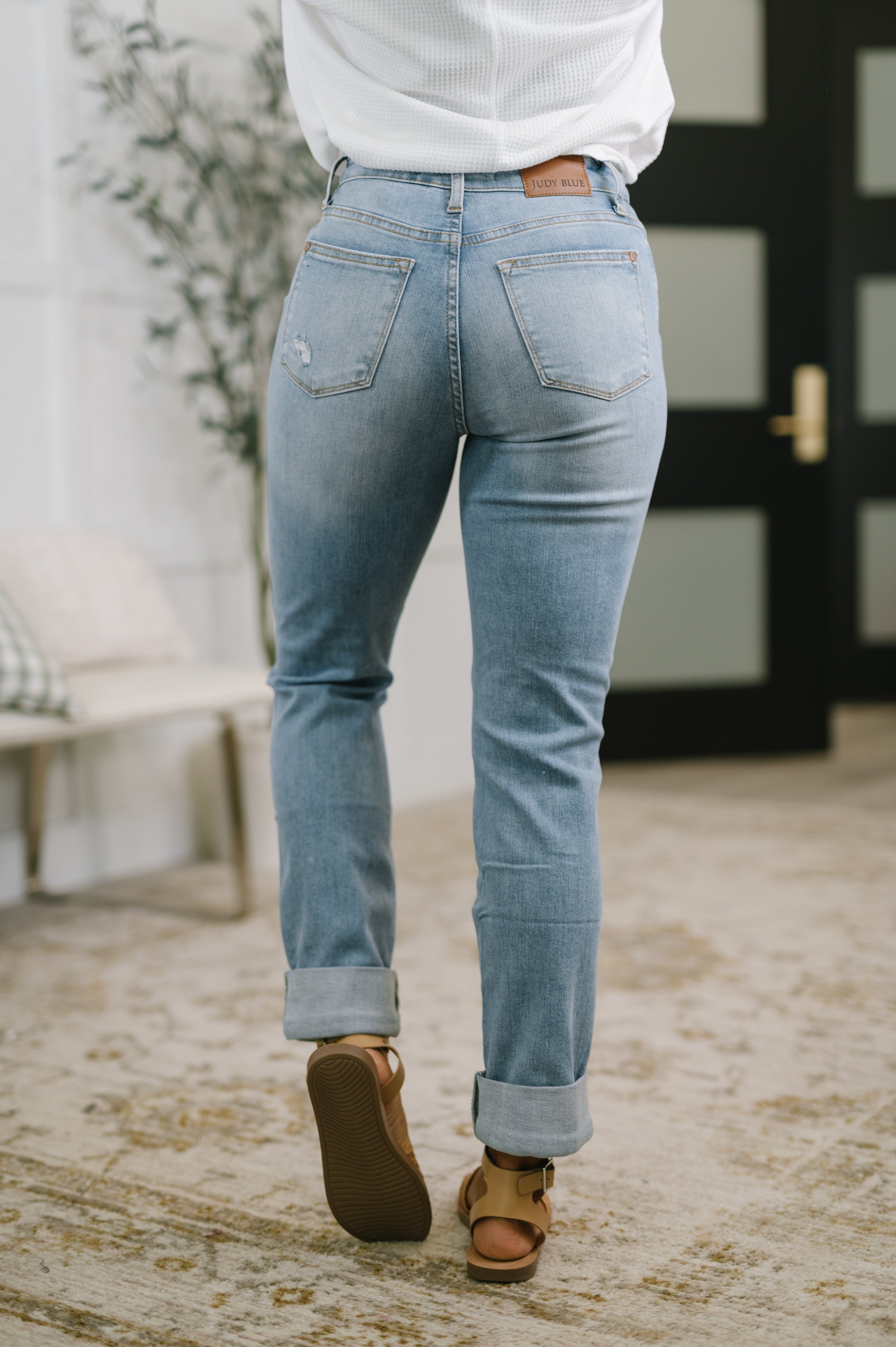 The Aiden High Rise Distressed Patch Pocket Boyfriend Jean