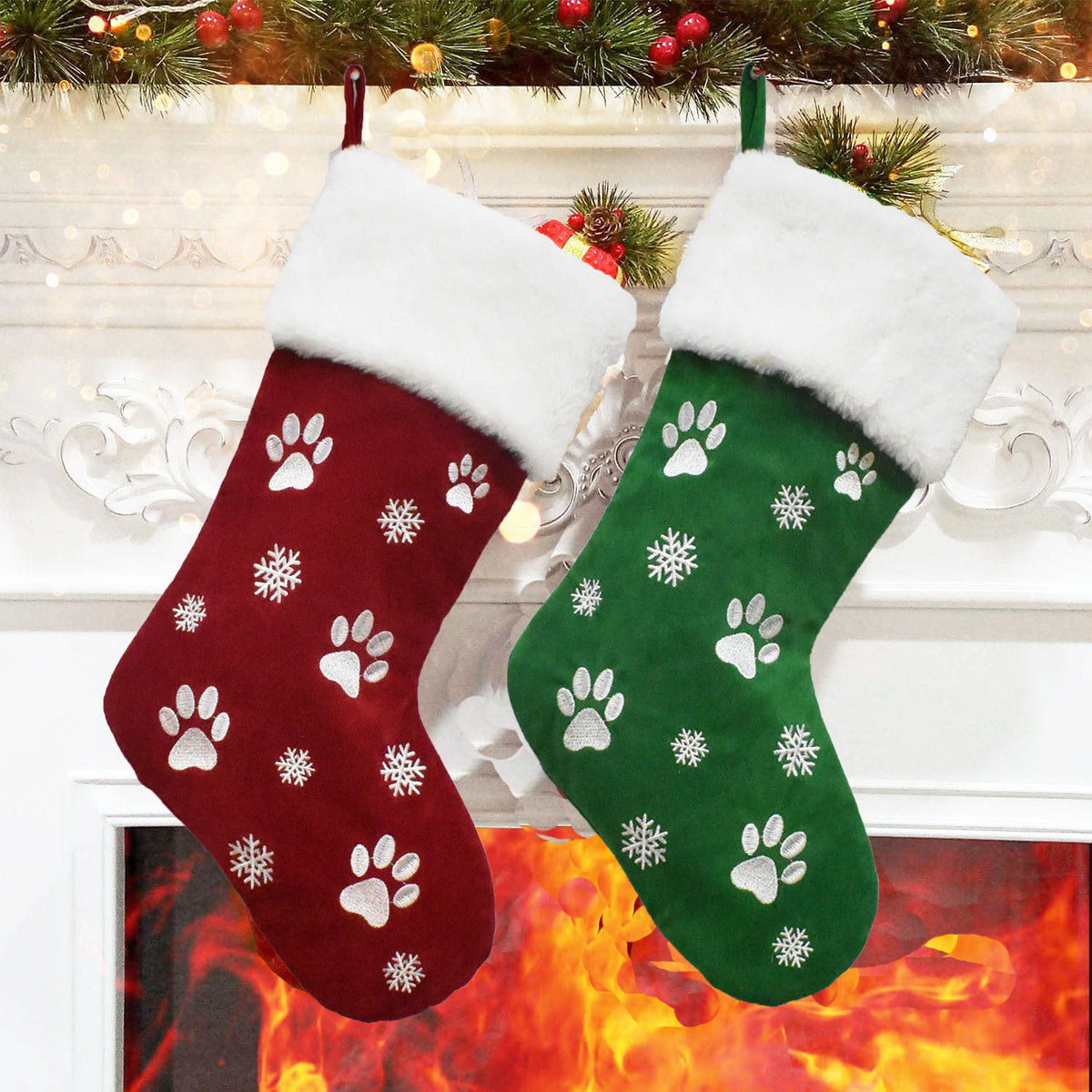 Embroidered Paw Print Christmas Stocking