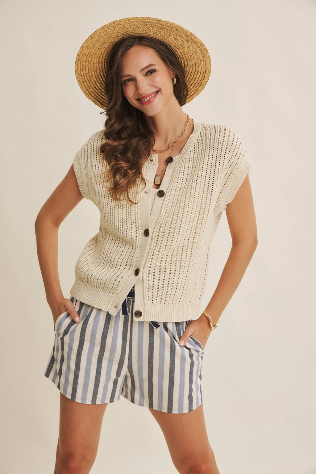The Breezy Cotton Open Knit Button-Down Sweater Vest