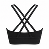 Black cross-back fitness sports bra on a white background