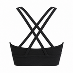 Black cross-back fitness sports bra on a white background