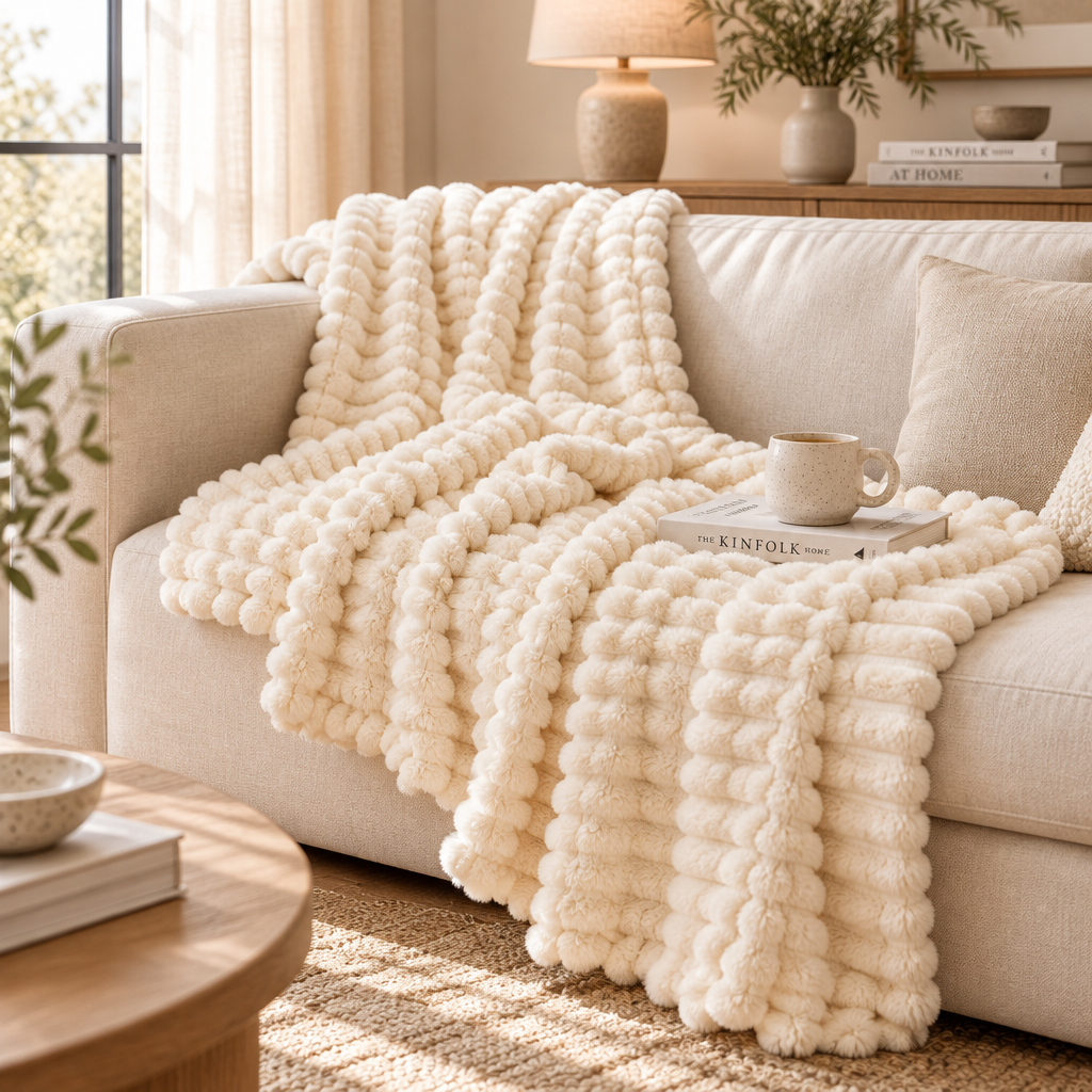 Blanket draped on a sofa