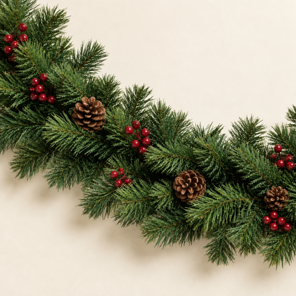 Close-up of real-touch green artificial pine garland with berry clusters and pine cones