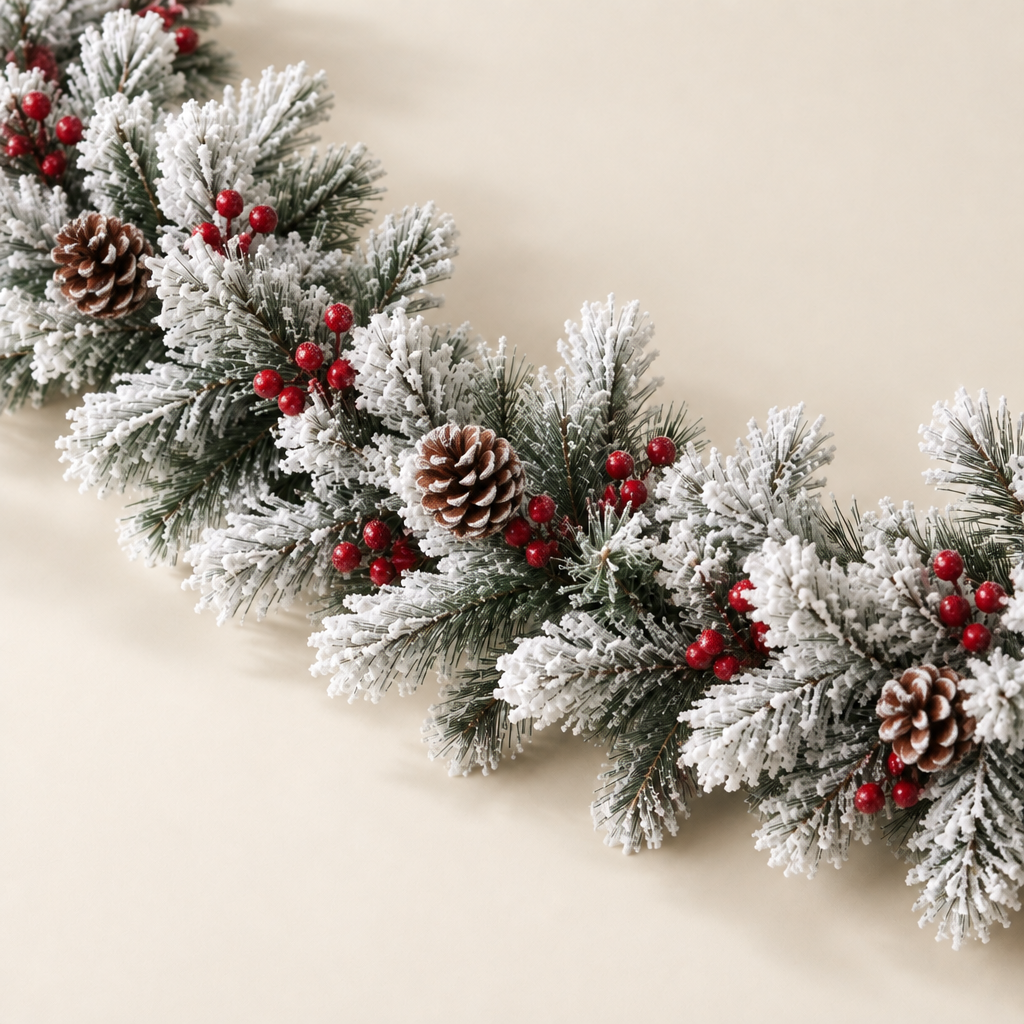Close-up of white flocked artificial pine garland with berry clusters and pine cones