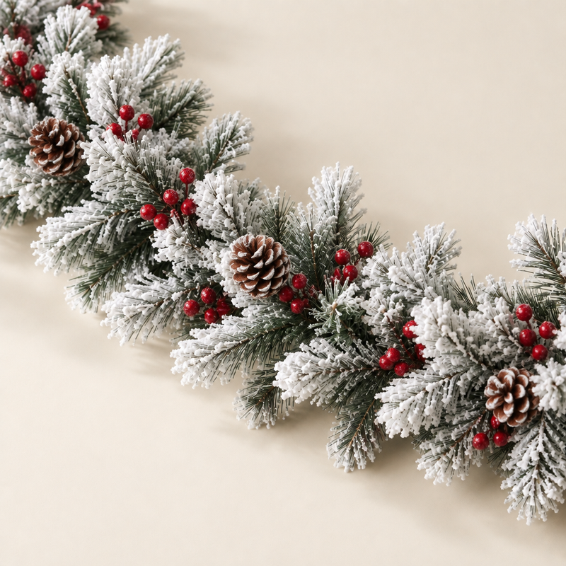 Close-up of white flocked artificial pine garland with berry clusters and pine cones