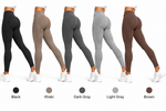 Color grid showing all 5 colors of the leggings: Black, Khaki, Dark Gray, Light Gray, Brown