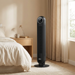 Dreo tower fan in a neutral bedroom