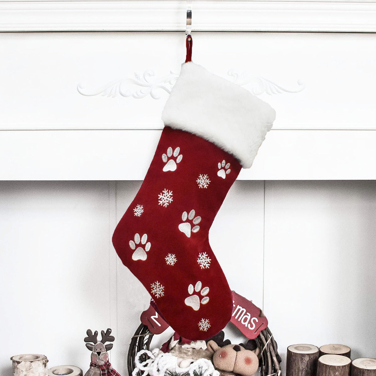 Embroidered Paw Print Christmas Stocking