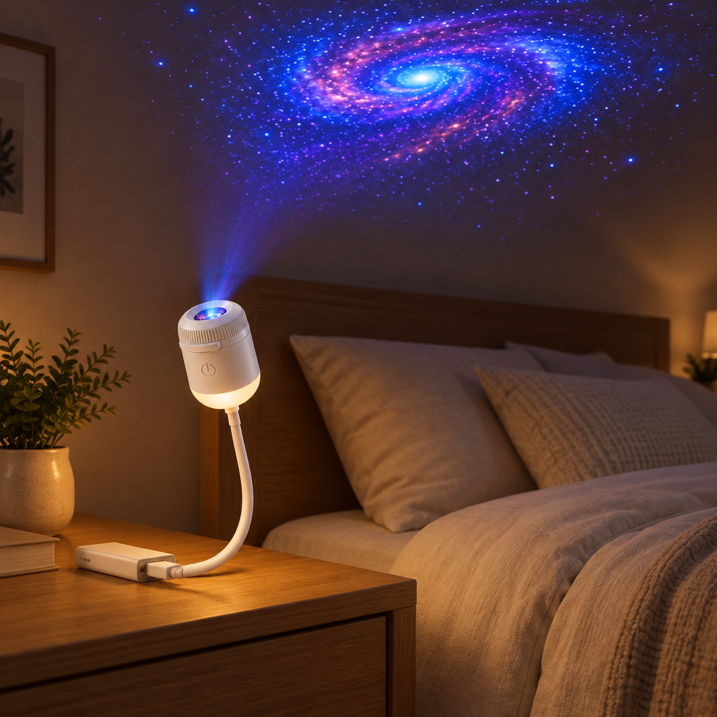 USB galaxy projector and night light in a neutral bedroom