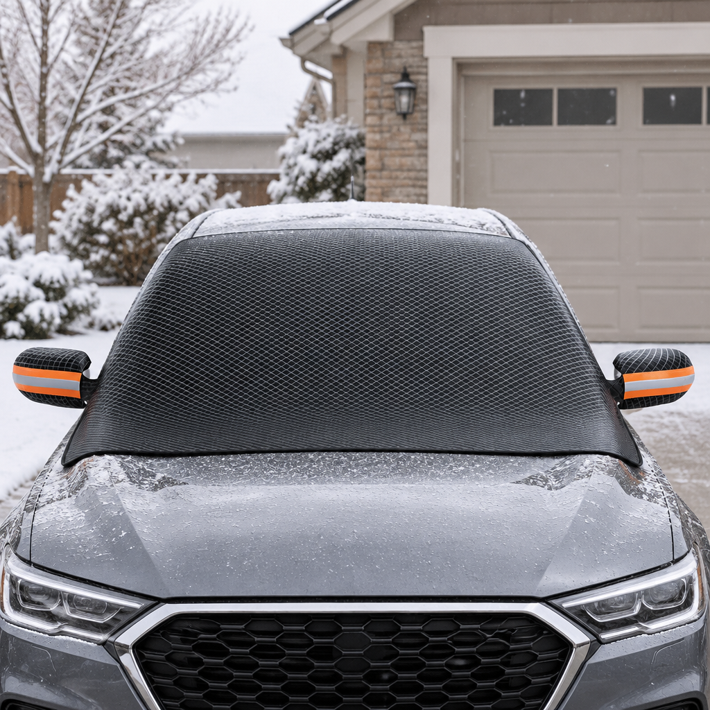 Snow cover with orange mirror sleeves