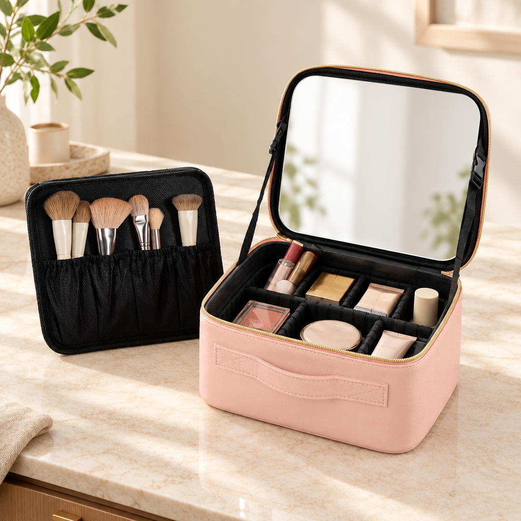 Pink small travel makeup case with mirror