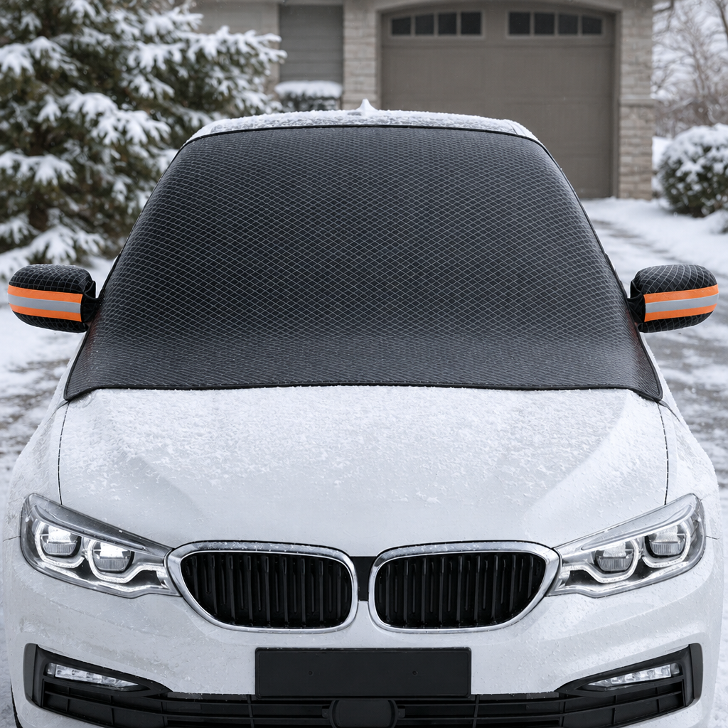Front view of installed windshield cover
