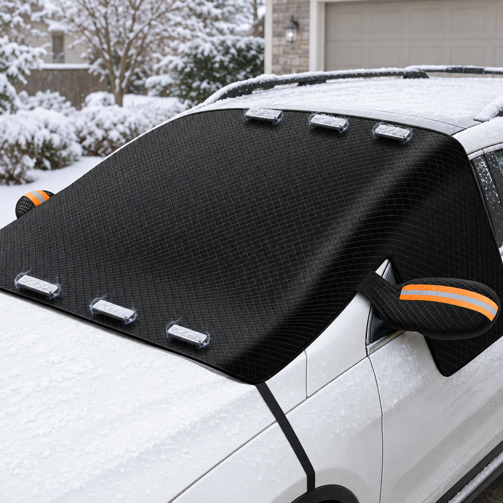 Orange mirror sleeve windshield cover view