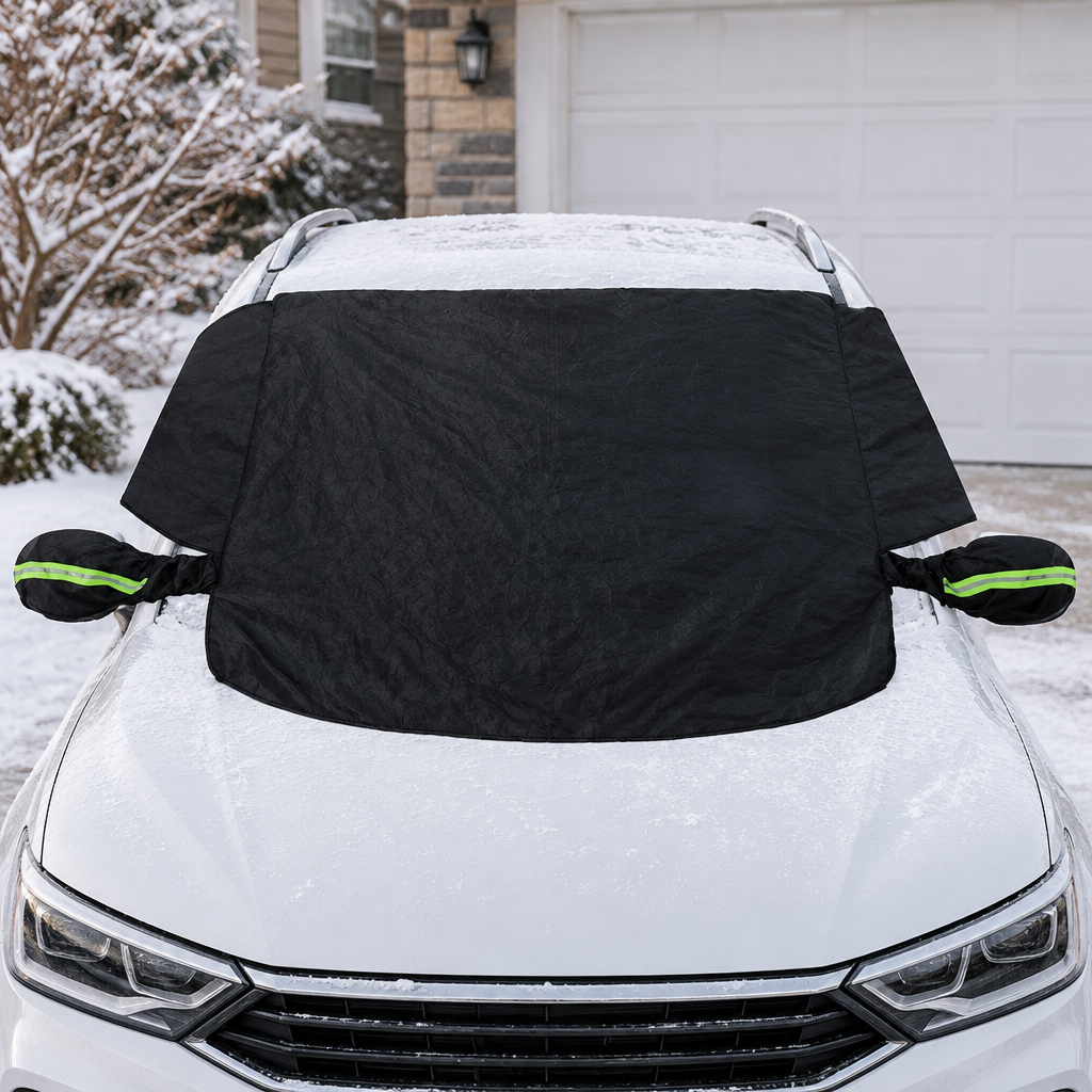 Green-detail windshield cover laid flat