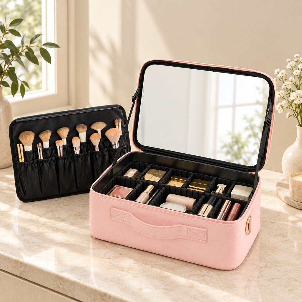 Pink larger travel makeup case with mirror