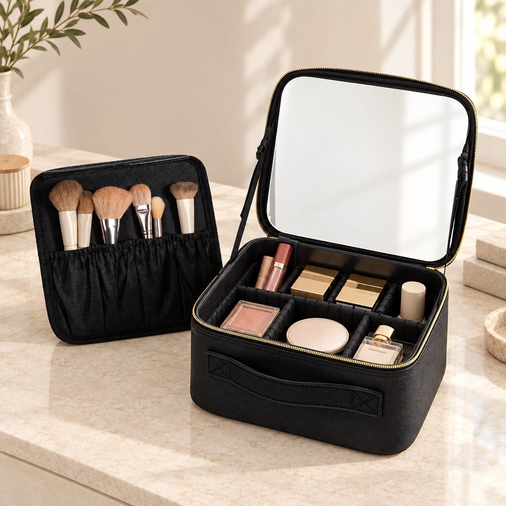 Black small travel makeup case with mirror