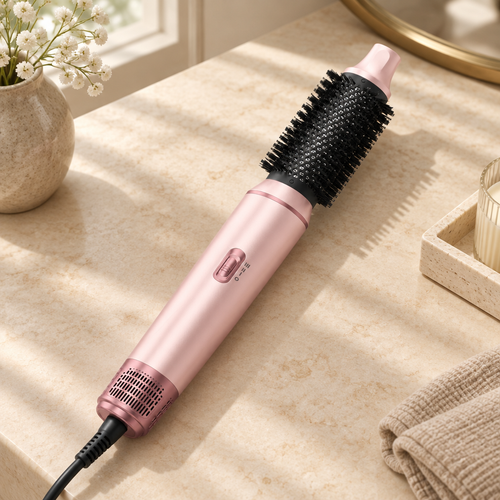 Pink hot-air styler with round brush attachment