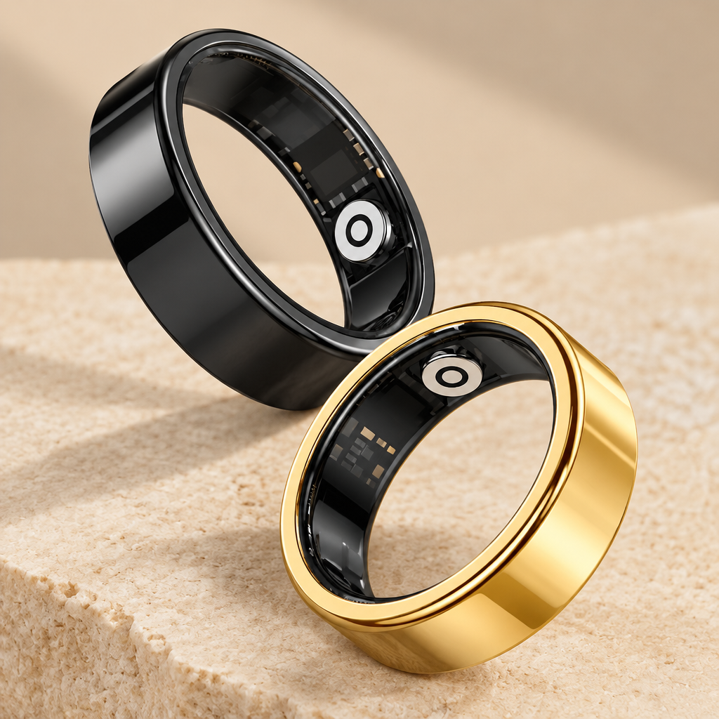 Black and gold smart rings on a neutral surface