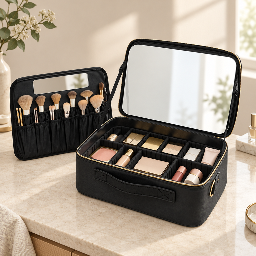 Black larger travel makeup case with mirror