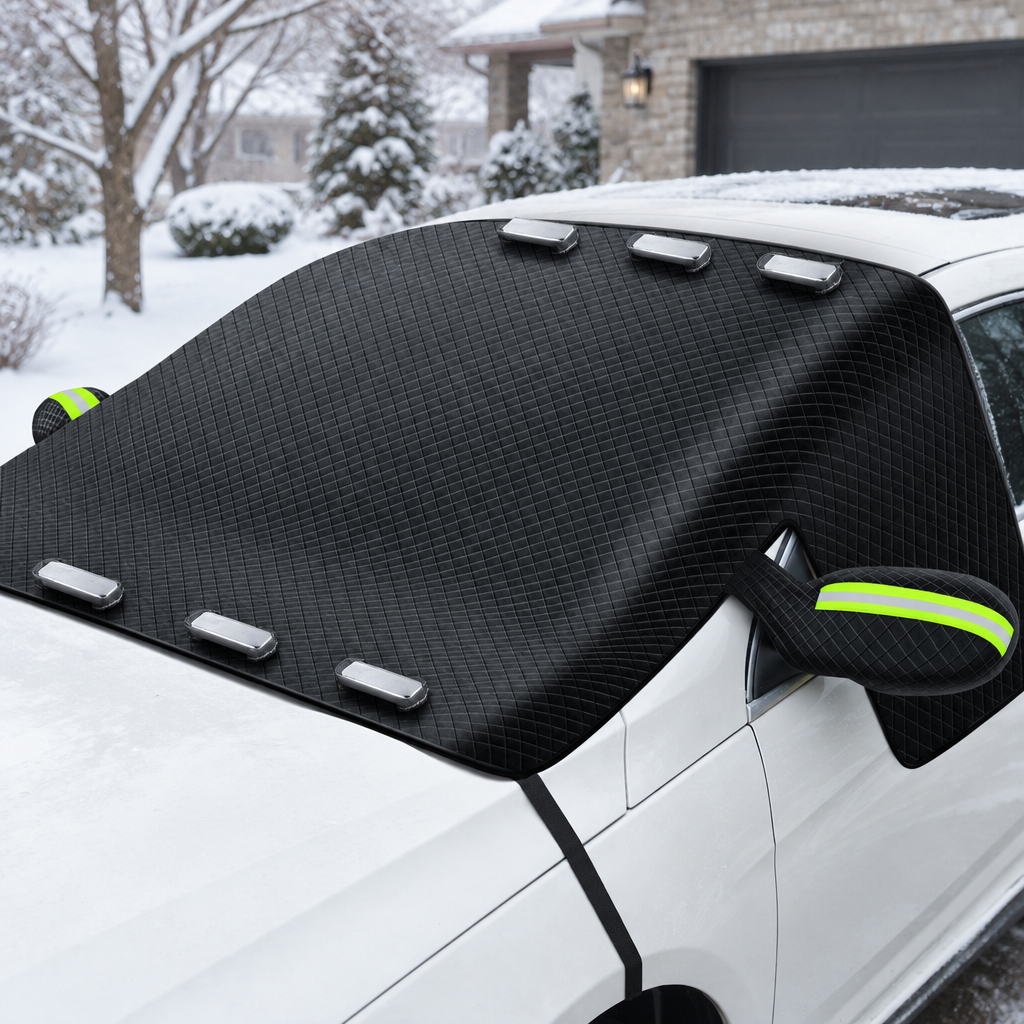 Green mirror sleeve windshield cover view