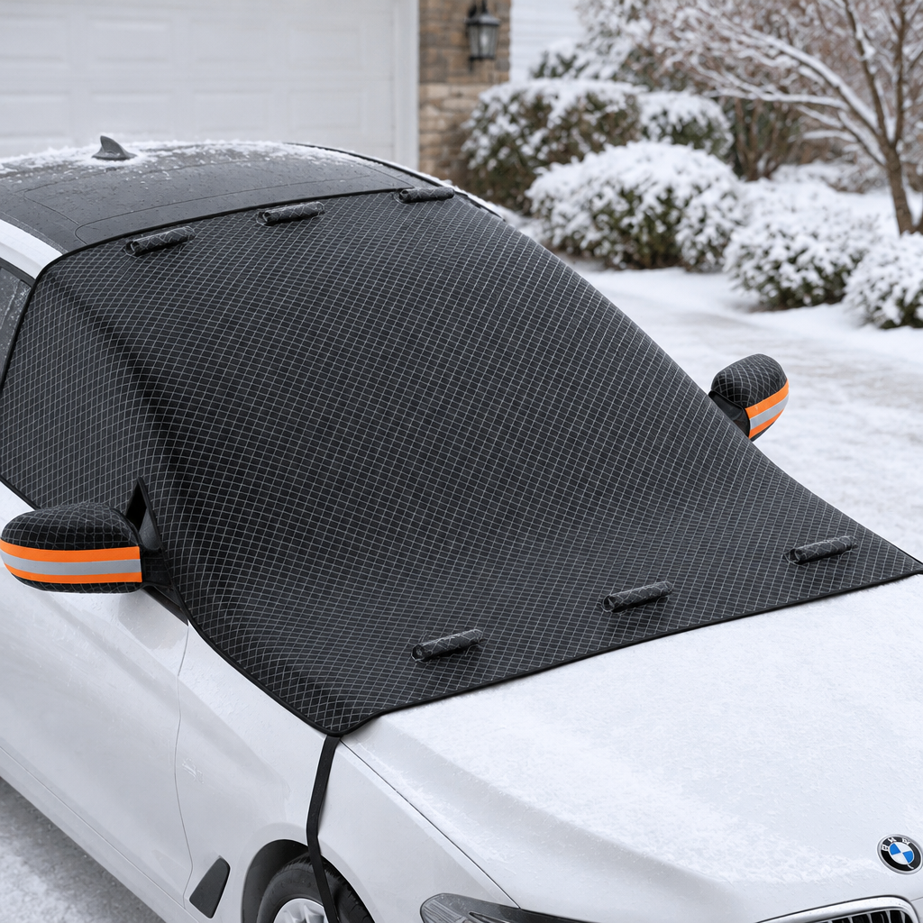 Windshield cover with orange mirror details