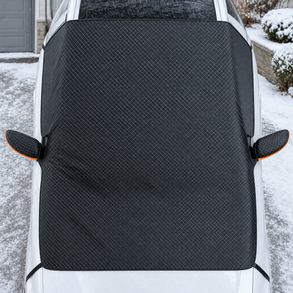 Overhead view of windshield snow cover