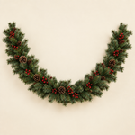 Real-touch artificial green pine garland with berry clusters and pine cones on an ivory background