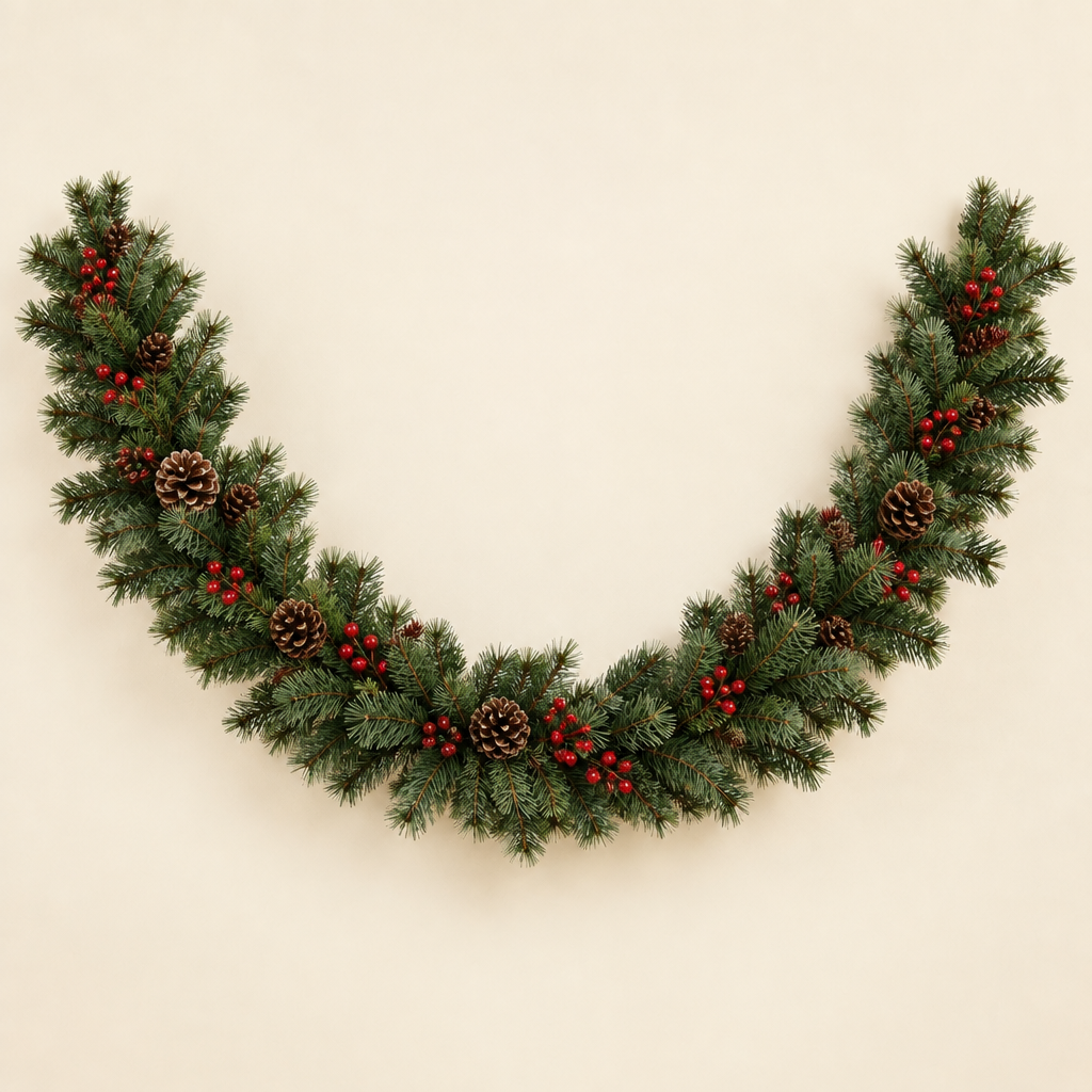 Real-touch artificial green pine garland with berry clusters and pine cones on an ivory background