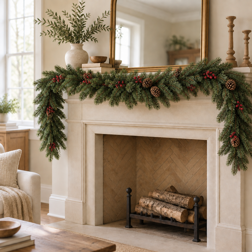 Real-touch green pine garland with berries and pine cones draped across a neutral mantel