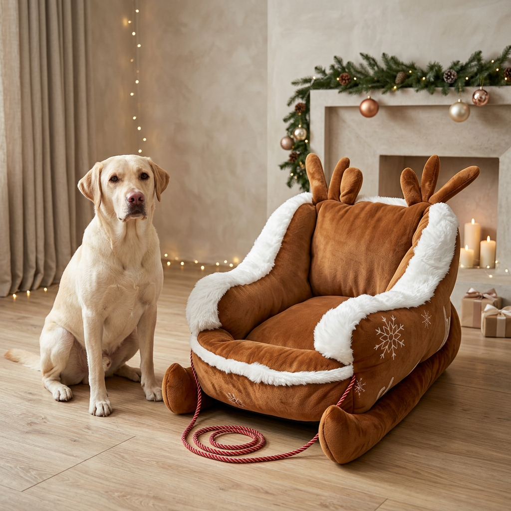 Tucker beside the camel reindeer sleigh pet bed
