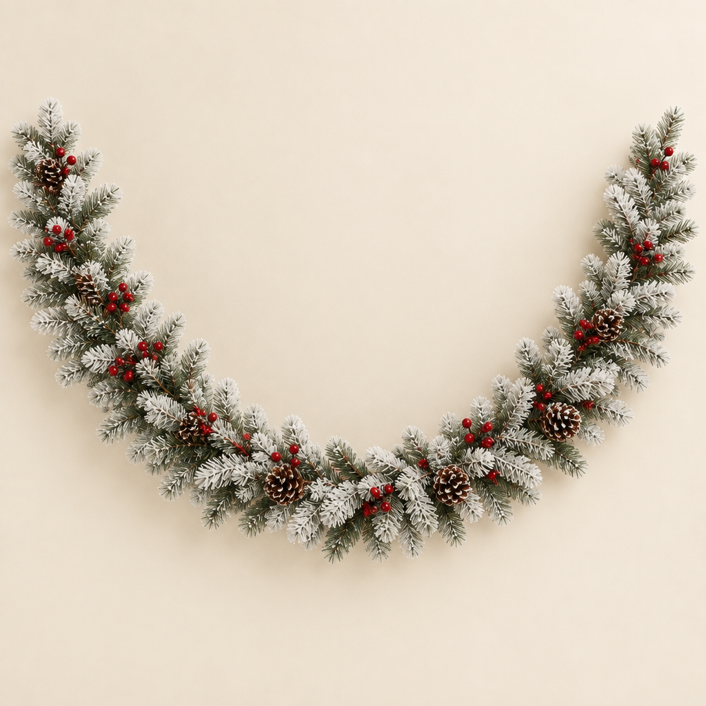White flocked artificial pine garland with berry clusters and pine cones on an ivory background