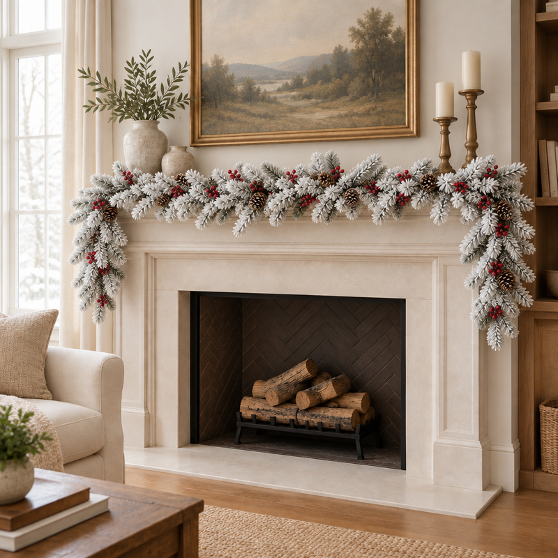 White flocked pine garland with berries and pine cones draped across a neutral mantel