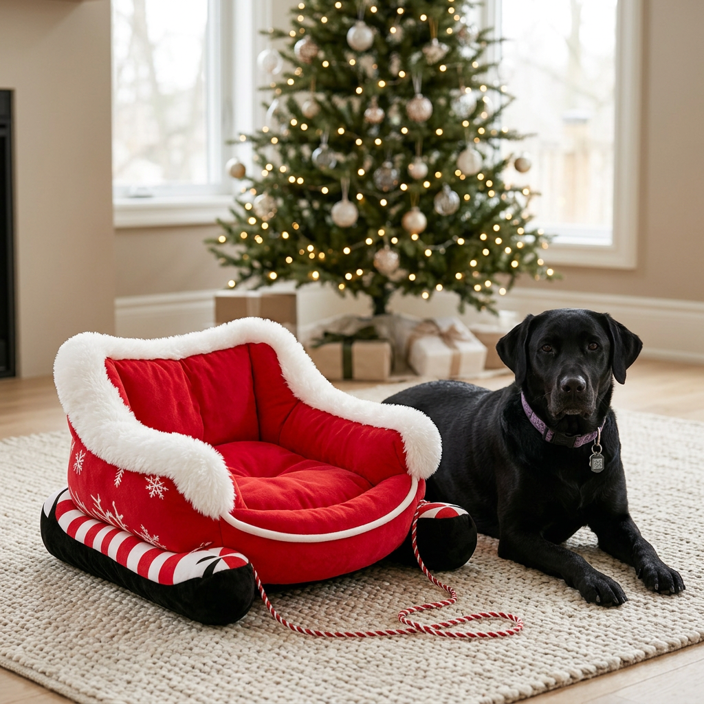 Willow beside the red Christmas sleigh pet bed